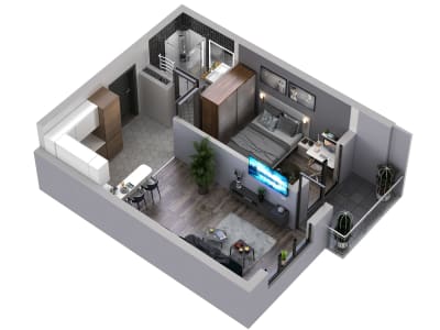 3D floor plans of an apartment or commercial space.
