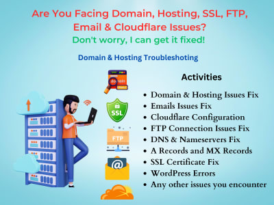 Hosting, domain, FTP, Email and Cloudflare issues fixed.