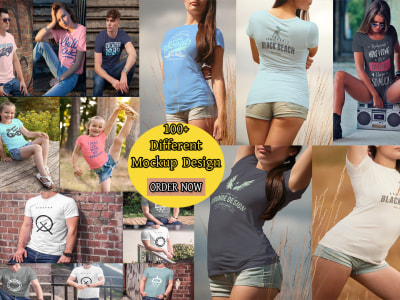 Digital mockups of t-shirts, cups, hats, bags, beauty items, and cars