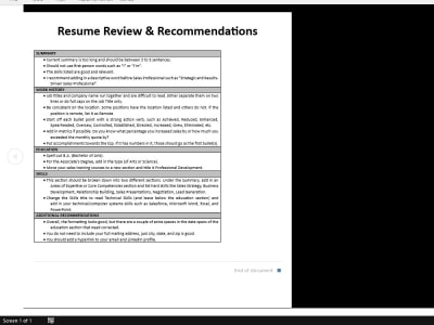 A written resume review with recommendations for improvement.