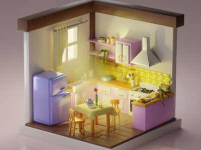 3D kitchen with many different details