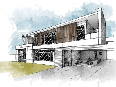 Sketch architecture building with watercolor rendering
