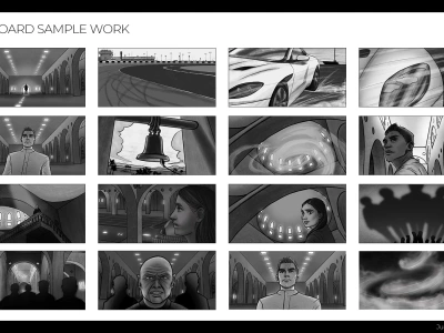 A digitally illustrated grayscale storyboard for your project