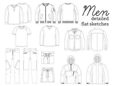 Men Detailed Flat Sketches / Fashion Vector / Technical Drawing
