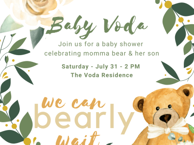 A vibrant custom baby shower invitation with themed games and decorations!