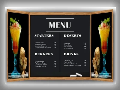 A chalkboard restaurant menu, digital menu, and static tv screen menu.
