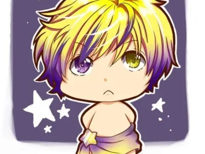 A cute chibi and emoticons are drawn in anime style