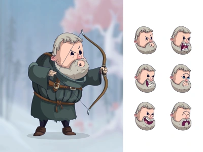 A fantastic cartoon 2D game character with 3 different emotions