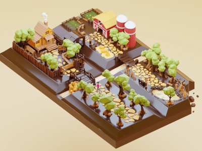 Unique low poly 3d game art, environment with professional lighting