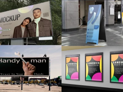 Yard signs, billboards, banners, sandwich boards, or roll-ups designs