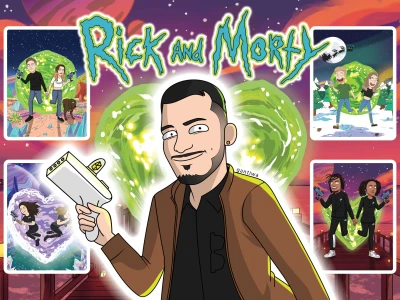 Drawn as a cartoon in Rick and Morty character style