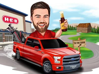 Cartoon caricature with a car, Car caricature, car into cartoon caricature