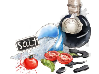 Unique illustration of items, food, landmarks digital watercolor