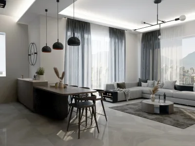 Living Room Interior Design, 3D Renders & 2D Architectural Drawings