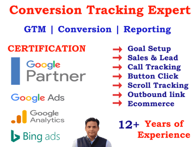 Google Analytics Expert, Ecommerce Tracking Setup, GA4 Goal conversion