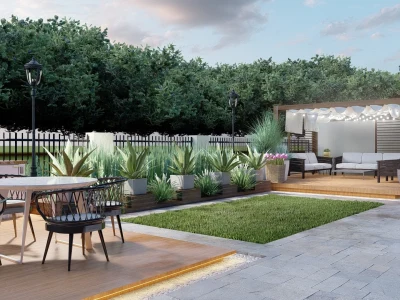 2D site plan and landscape plans with planting information and measurements