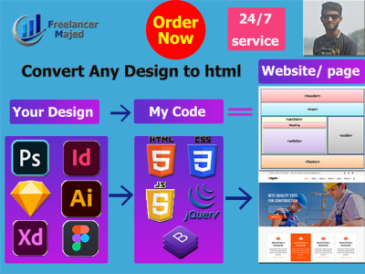 Convert PSD to HTML work or Xd, Ai, Sketch, Fingma, Id to HTML work