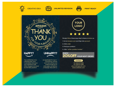 A creative amazon thank you card and product insert for feedback