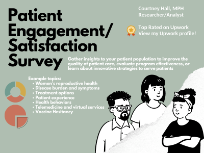 You will get survey design for patient engagement/satisfaction and health behaviors