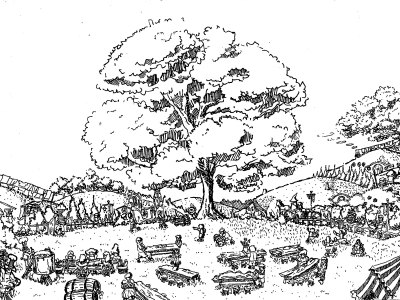 A fantastic scenery illustration in black and white pen and ink style