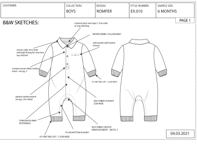 Professional technical sketches for childrenswear / babywear garments