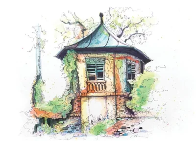 A set of watercolor architectural illustrations