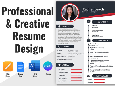 Resume, CV in ms word, canva, google docs, mac pages