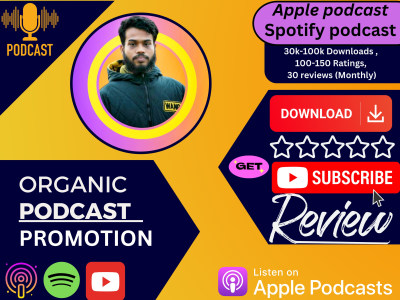 Organic advertising  podcast promotion and download, rating subscribers