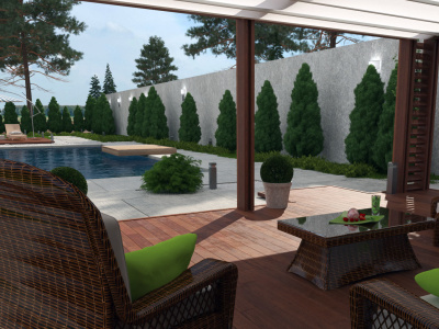 A detailed 3D outdoor design backyard, landscape, and pool