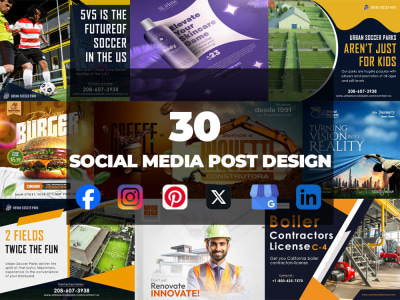 30 unique social media posts designs like Facebook, Instagram, LinkedIn etc