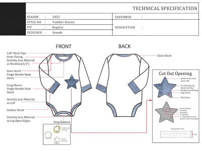Babywear tech pack, baby clothing flat sketches and baby apparel tech pack