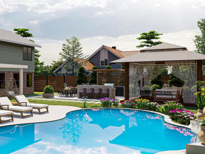 3D backyard, garden, pool, terrace, landscape design with realistic image