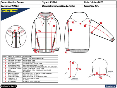 Men's Hoody jacket tech pack and pattern