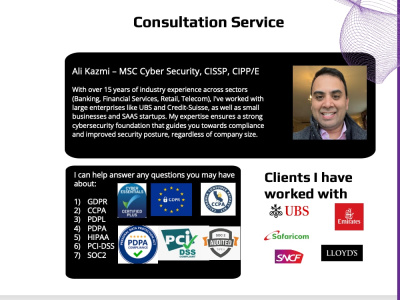 1 hour consultation on GDPR, CCPA, PCI-DSS, HIPAA