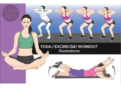 Exercise, workout, yoga, medical illustration in sketch or flat style