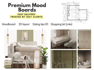 An Interior design moodboard with styling tips & shopping list