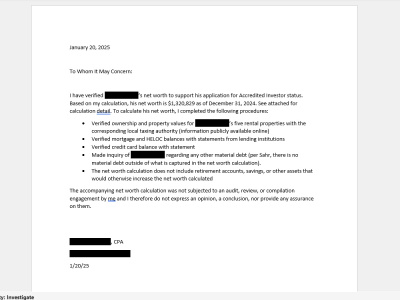 A verification letter signed by a Certified Public Accountant (CPA)