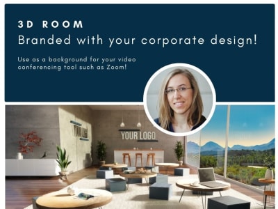 A 3D video conferencing background branded with your corporate design