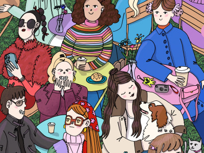 A custom cartoon illustration of people in scenes