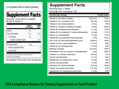 FDA Compliance Review for Dietary Supplement or Food Product