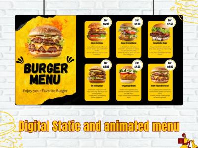 Static and animate digital menu ads, price lists, and TV menu boards