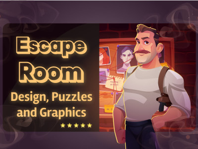 Escape room game scenario puzzles and graphics