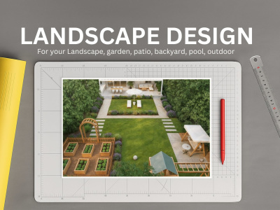 Design & 3d render of landscape, garden, patio, backyard, pool, outdoor