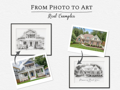 A custom house portrait from photo in pencil drawing style