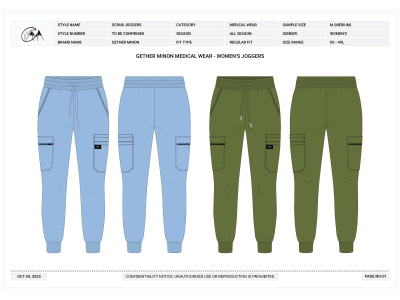 Tech packs and flat sketches for medical wear and uniforms