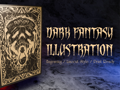 Dark fantasy black and white engraving style illustration for book covers