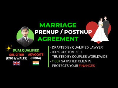 Prenup, Postnup, or Marriage agreement prepared by Qualified Lawyer