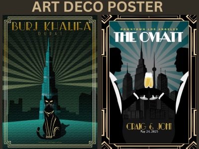 Vintage art deco retro poster modern travel poster landscape illustration