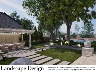 Residential Landscape with Outdoor Living 3D Design & Backyard Garden Plans