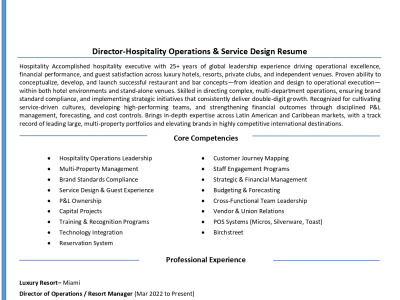 A hospitality executive resume for hotels, resorts, and F&B